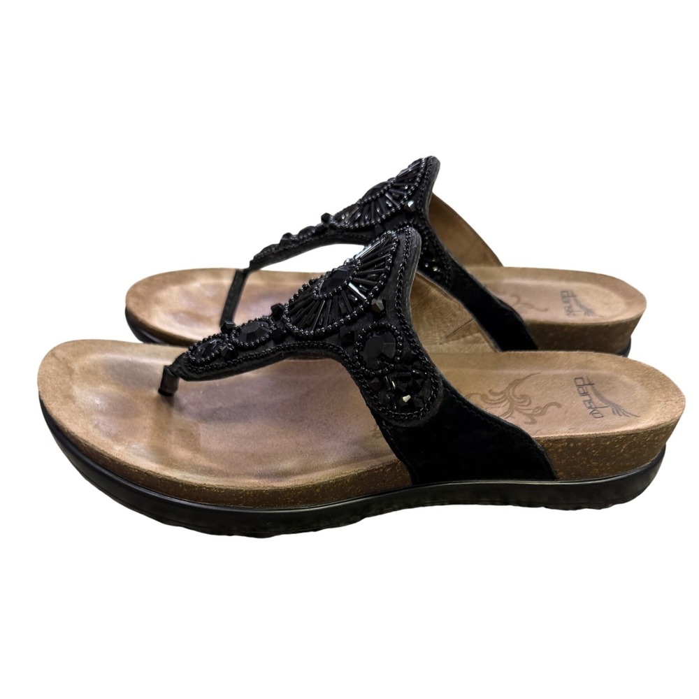 Dansko Sophie Black Suede Beaded Medallion Thong Sandals EU 39 US 8.5-9